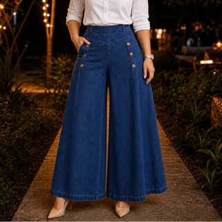 Women's High-Waisted Wide-Leg Jeans in dark blue, Straight Fit