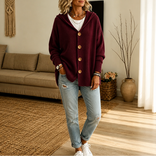 Women's Hooded Waffle-Knit Button-Front Cardigan - Burgundy
