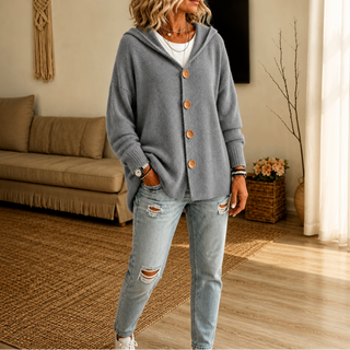 Women's Hooded Waffle-Knit Button-Front Cardigan - Grey