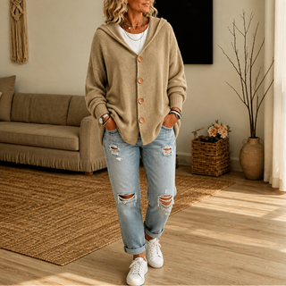 Women's Hooded Waffle-Knit Button-Front Cardigan - Khaki