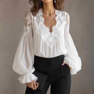 Women's Lace Patchwork Ruffle Cuff Blouse - Hip Length
