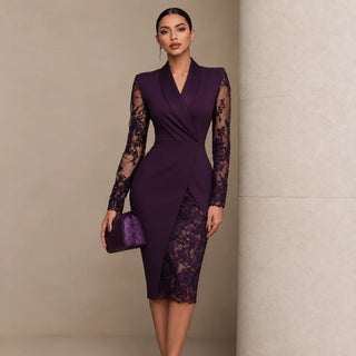 Women's Lace-Sleeve Wrap Dress with Asymmetric Hem in deep purple, Elegant Party Dre