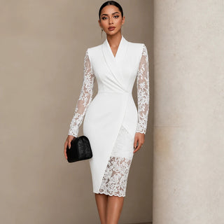 Women's Lace-Sleeve Wrap Dress with Asymmetric Hem in white, Elegant Party Dre