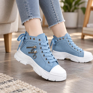 Women's Lace-Up Platform Ankle Boots in blue, Flexible Sole
