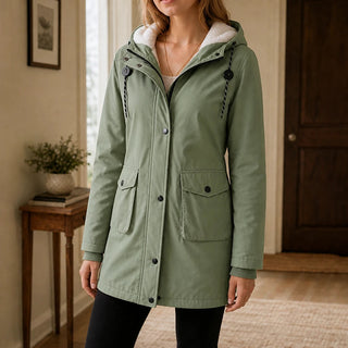Women's Longline Hooded Parka in green, Slim Fit Winter Coat