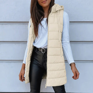 Women's Longline Hooded Puffer Vest in beige, Sleeveless Layer