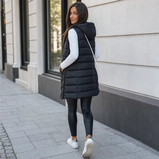 Women's Longline Hooded Puffer Vest - Sleeveless Layer