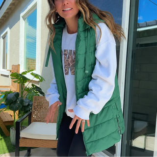 Women's Longline Hooded Puffer Vest in green, Sleeveless Layer