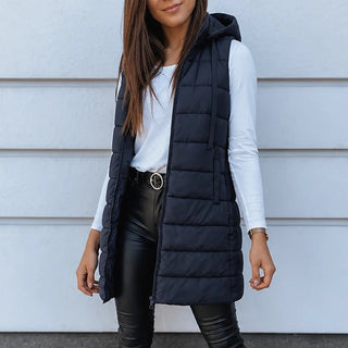 Women's Longline Hooded Puffer Vest in navy, Sleeveless Layer