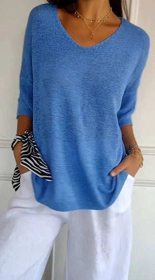 Women's Longline V-Neck Knit Tunic in blue, Loose Fit