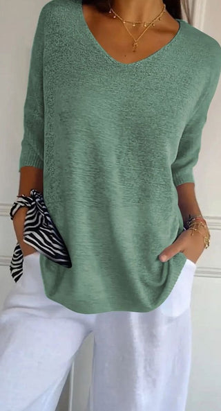 Women's Longline V-Neck Knit Tunic in grass green, Loose Fit
