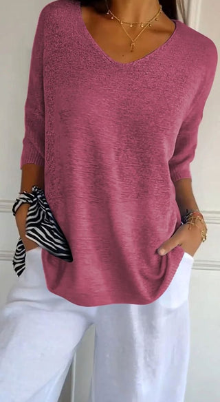 Women's Longline V-Neck Knit Tunic in pink red, Loose Fit