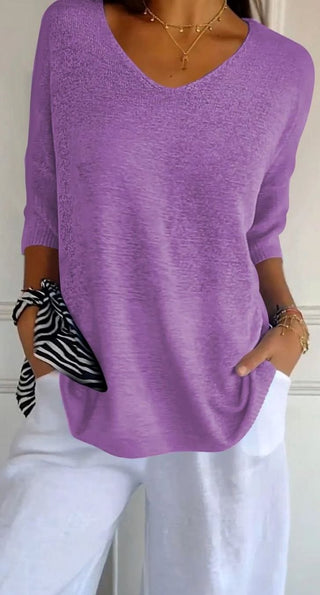 Women's Longline V-Neck Knit Tunic in violet, Loose Fit