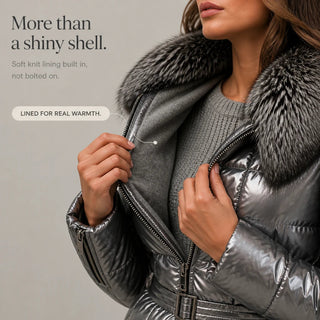 Women's Metallic Faux-Fur Collar Belted Puffer Jacket - Hip-Length