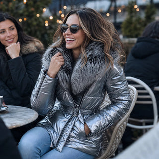 Women's Metallic Faux-Fur Collar Belted Puffer Jacket - Hip-Length