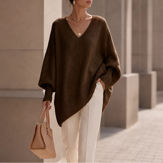 Women's Oversized V-Neck Knit Sweater in coffee, Relaxed Fit