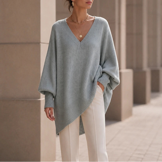 Women's Oversized V-Neck Knit Sweater in light grey, Relaxed Fit