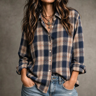 Women's Plaid Button-Front Blouse in blue, Relaxed Fit