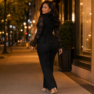Women's Pleated Peplum Floral-Lace Pantsuit - Wide-Leg Formal
