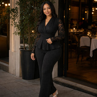 Women's Pleated Peplum Floral-Lace Pantsuit - Wide-Leg Formal