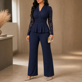 Women's Pleated Peplum Floral-Lace Pantsuit in royal blue, Wide-Leg Formal
