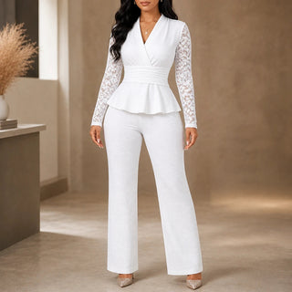 Women's Pleated Peplum Floral-Lace Pantsuit in white, Wide-Leg Formal