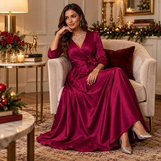 Women's Pleated Wrap Maxi Dress - Floor-Length Evening Elegance