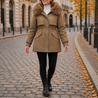 Women's Plush-Lined Mid-Length Parka in coffee, Slim Fit