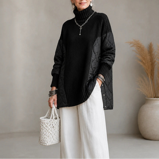 Women's Quilted Panel Turtleneck Pullover in black, Relaxed Fit