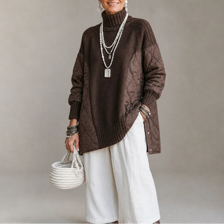Women's Quilted Panel Turtleneck Pullover in coffee, Relaxed Fit