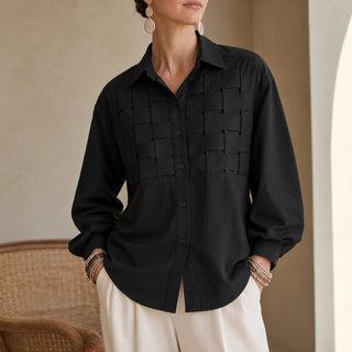 Women's Raised Woven-Check Long-Sleeve Blouse - Relaxed Fit