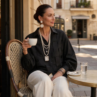 Women's Raised Woven-Check Long-Sleeve Blouse - Relaxed Fit