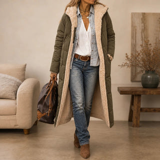 Women's Reversible Hooded Longline Puffer Coat – Two-Sided Winter Esse - Army Green
