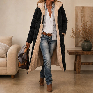 Women's Reversible Hooded Longline Puffer Coat – Two-Sided Winter Esse - Black