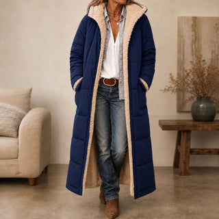 Women's Reversible Hooded Longline Puffer Coat – Two-Sided Winter Esse - Blue