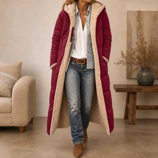Women's Reversible Hooded Longline Puffer Coat – Two-Sided Winter Esse - Burgundy