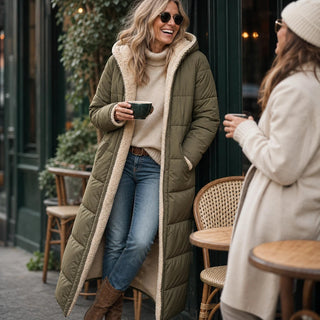 Women's Reversible Hooded Longline Puffer Coat – Two-Sided Winter Esse