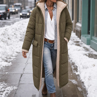 Women's Reversible Hooded Longline Puffer Coat – Two-Sided Winter Esse