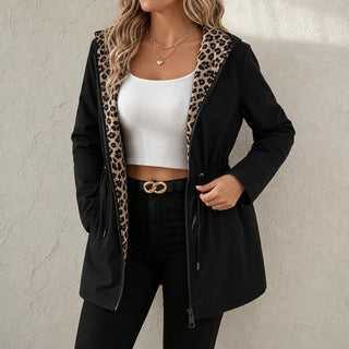 Women's Reversible Leopard Print Hooded Jacket - Two-Way Wear