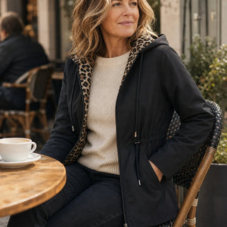 Women's Reversible Leopard Print Hooded Jacket - Two-Way Wear
