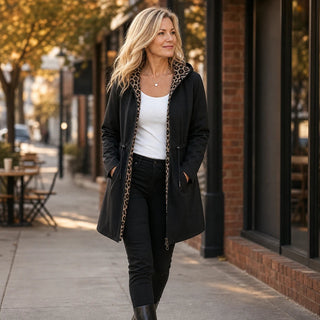 Women's Reversible Leopard Print Hooded Jacket - Two-Way Wear