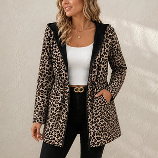 Women's Reversible Leopard Print Hooded Jacket in leopard print, Two-Way Wear