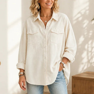 Women's Ribbed Corduroy-Look Button-Front Shirt in cream, Relaxed Fit
