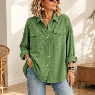 Women's Ribbed Corduroy-Look Button-Front Shirt in green, Relaxed Fit