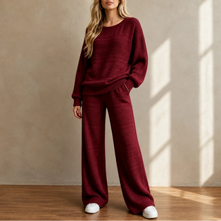 Women's Ribbed Knit Lounge Set in burgundy, Wide-Leg Pants
