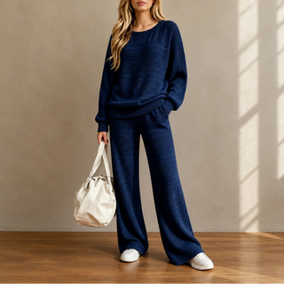 Women's Ribbed Knit Lounge Set in navy, Wide-Leg Pants