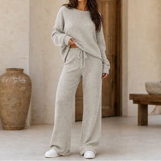 Women's Ribbed Knit Loungewear Set in beige, Wide-Leg Pants & Drop-Shoulder To