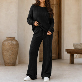 Women's Ribbed Knit Loungewear Set in black, Wide-Leg Pants & Drop-Shoulder To
