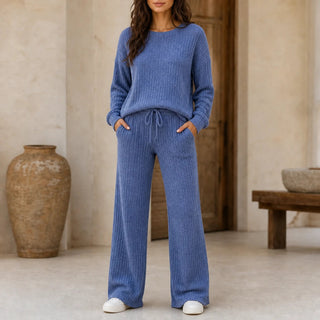 Women's Ribbed Knit Loungewear Set in blue, Wide-Leg Pants & Drop-Shoulder To
