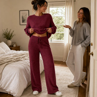 Women's Ribbed Knit Loungewear Set - Wide-Leg Pants & Drop-Shoulder To